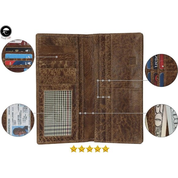 RFID Blocking Mens Genuine leather Bifold Long Wallet KHAKI - Picture 2 of 5